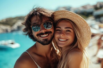 Happy boyfriend and girlfriend in love having genuine fun at travel excursion - Wanderlust life style and vacation concept with tourist couple at world trip on bright vivid, Generative AI