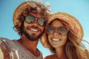 Happy boyfriend and girlfriend in love having genuine fun at travel excursion - Wanderlust life style and vacation concept with tourist couple at world trip on bright vivid, Generative AI