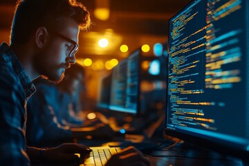 No glitches get past them. Cropped shot of young computer programmers working on source code, Generative AI
