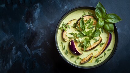 Green curry with eggplant, basil, and coconut milk in a black bowl on a dark background.