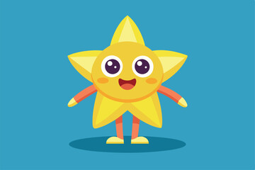 Sticker - A cheerful star character with big eyes and a wide smile stands happily against a vibrant blue background, a cartoon character of a Cute star