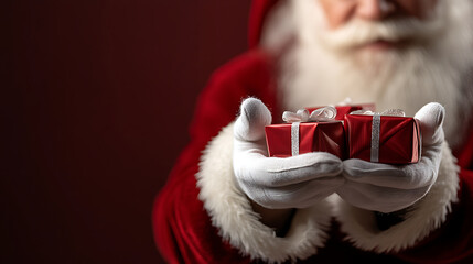 Santa Claus, wearing his classic red suit with white fur accents, is holding a stack of red and white gift boxes in his hands, red isolated backrgound