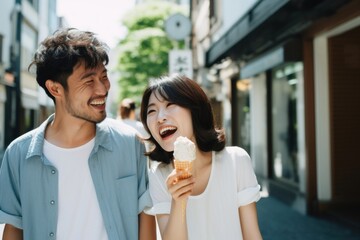 Wall Mural - Japanese woman travel laughing outdoors dessert.