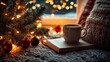 © CreativeLoom - A cup of coffee is sitting on a book next to a Christmas tree