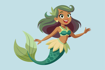 Poster - A mermaid with long hair happily swims, showcasing her colorful tail and floral top, a cartoon character of a mermaid