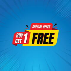 Wall Mural - Buy 1 Get 1 Free, sale tag, Buy one get one free social media banner, Discount offers banner, Modern concept design, offer banner with blue background, vector illustration, Promotional Tags and label