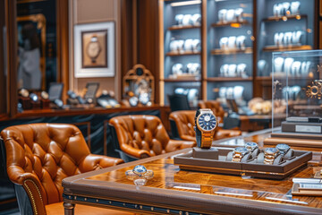 A selection of luxury wristwatches displayed for VIP clients in a VIP room (office) on a wooden table in a brightly lit jewelry watch store.