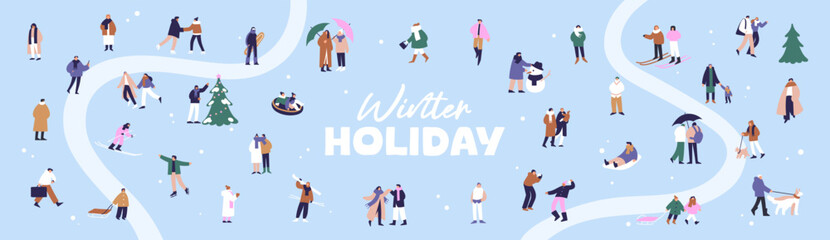 Poster - People have fun in winter holidays horizontal banner. Background with wintertime activities. Happy friends, couples, families ski, play snowballs, walk dogs, tubing outdoors. Flat vector illustration