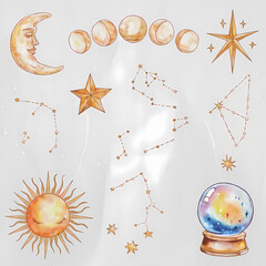 Wall Mural - watercolor clipart set of celestial elements with sun, moon, star constellations, star,  isolated on white background