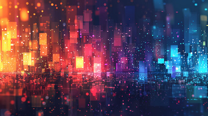 Wall Mural - A digital cityscape with glowing rectangles in red, orange, blue, and purple hues.