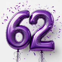 Purple birthday / anniversary balloon, number 62, white background with confetti