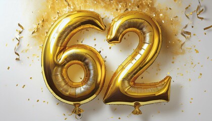 Gold birthday / anniversary balloon, number 62, white background with confetti