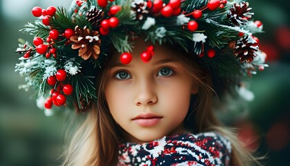 Festive teenage girl adorned with a wreath of red berries and pine cones against a dreamy holiday backdrop