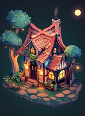 Sticker - Cozy Cottage In The Woods At Night