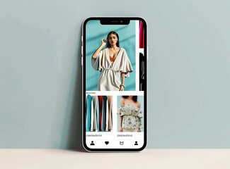 Wall Mural - Fashion App on a Phone with a Woman in a Dress