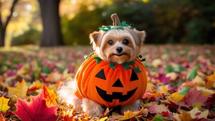 A whimsical portrait of a small, fluffy dog dressed as a pumpkin, sitting in a patch of vibrant autumn leaves