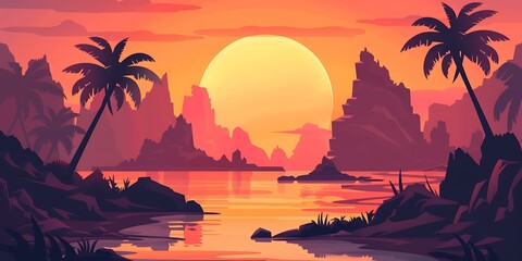 Poster - Sunset Landscape With Palm Trees and Mountains