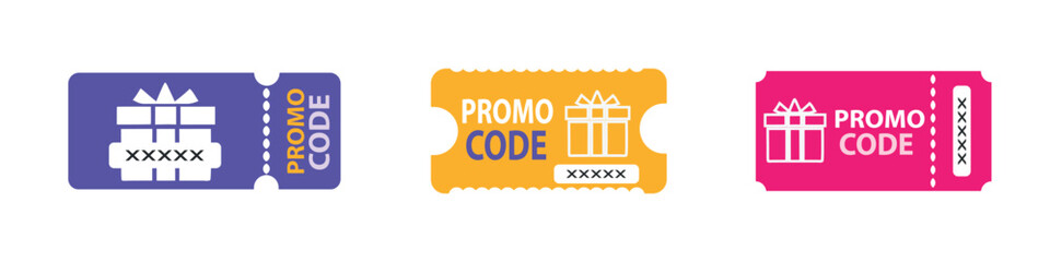 Promo code coupon set. Discount coupon. Gift voucher with promo code. Promo code template for web marketing