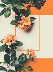 Wall Mural - Orange Flowers and Green Leaves on a White and Orange Background