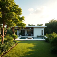 Wall Mural - Modern Minimalist House with Swimming Pool and Lush Greenery