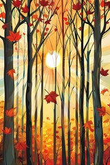 Wall Mural - Autumn Forest with Sun Shining Through the Trees