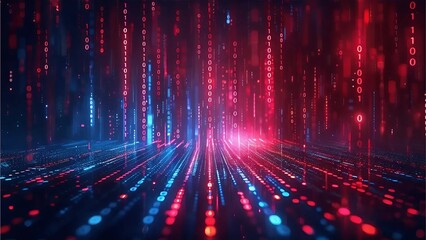 Abstract digital background featuring red and blue lights with binary code swirling in a vortex and lens flares, Generative AI.