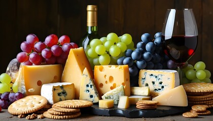 Elegant wine tasting table adorned with a variety of cheeses, fresh grapes, and crunchy crackers