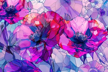 Illustration in the stained glass style with an abstract flower arrangement on a light background, horizontal image