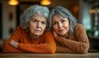 © Rising Monk - two adult elderly middle age women friends or siblings sister both people women with dejected mood and sad facial expression, Generative AI
