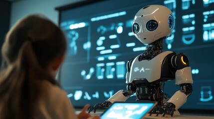 AI robot teacher guiding children through creative exercises on digital tablets in a high-tech classroom. No logo, no people.