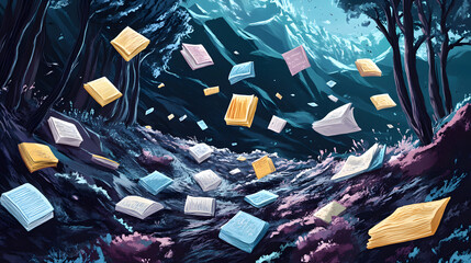 Wall Mural - a computer generated image of a forest with many books flying through the air
