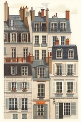 Canvas Print - Illustration of Paris Buildings with Shutters and Rooftops