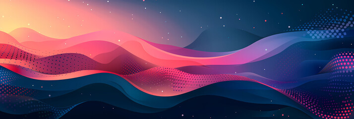 Wall Mural - Abstract digital art with colorful flowing waves and a starry sky background.