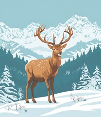 Poster - Majestic Deer in Winter Mountain Landscape