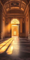 Canvas Print - Sunlight Streaming Through Open Doors in an Ornate Hallway