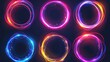 © Shweta - Set of glowing neon color circles round curve shape with wavy dynamic lines isolated on black background technology concept. Circular light frame border. You can use for badges, price tag, label