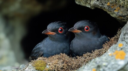 Wall Mural - Two Black Birds Nesting in Rocky Habitat