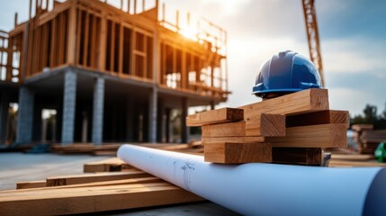 Wall Mural - Construction Site with Blueprint and Safety Helmet