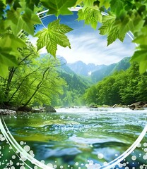 Poster - Green Landscape with River and Mountains