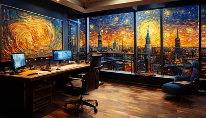 Wall Mural - A modern office with large windows overlooking a city skyline, decorated with Van Gogh-inspired artwork. The vibrant, swirled sky adds creativity to the workspace, perfect for an artistic setting.. AI