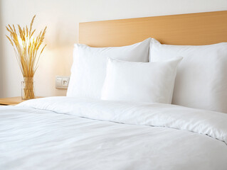 Wall Mural - Minimal interior of hotel room with cozy bed and bedside tables on wooden floor