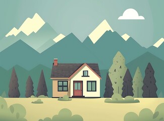 Wall Mural - Mountain Landscape with Small House Illustration