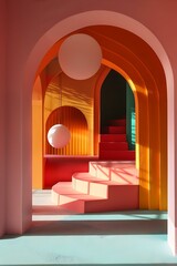 Canvas Print - Modern Interior Design with Colorful Arches and Stairs