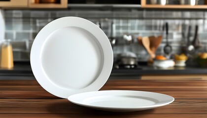 Minimalist kitchen setting featuring an empty white plate on a wooden table