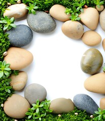 Wall Mural - Green Moss and Smooth Stones Frame White Background