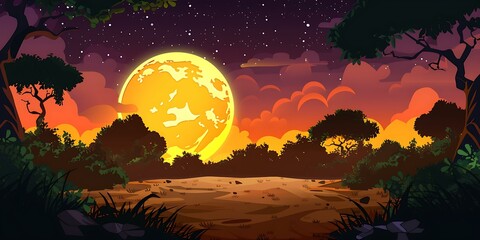 Wall Mural - Night Sky With a Giant Moon Over Forest