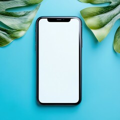 Canvas Print - Blank Screen Smartphone With Tropical Leaves on Blue Background