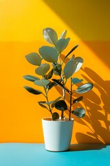 Poster - Green Plant In White Pot On Yellow And Blue Background