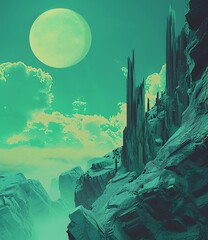 Wall Mural - Fantasy Landscape With Green Sky and Moon