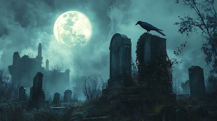 A graveyard with a large moon in the sky